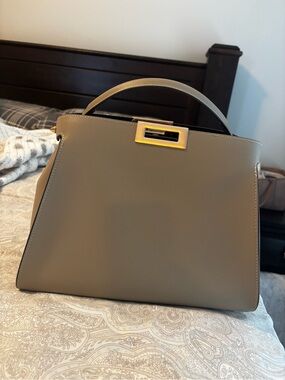 Taupe Structured Top-Handle Tote with Gold Accent
